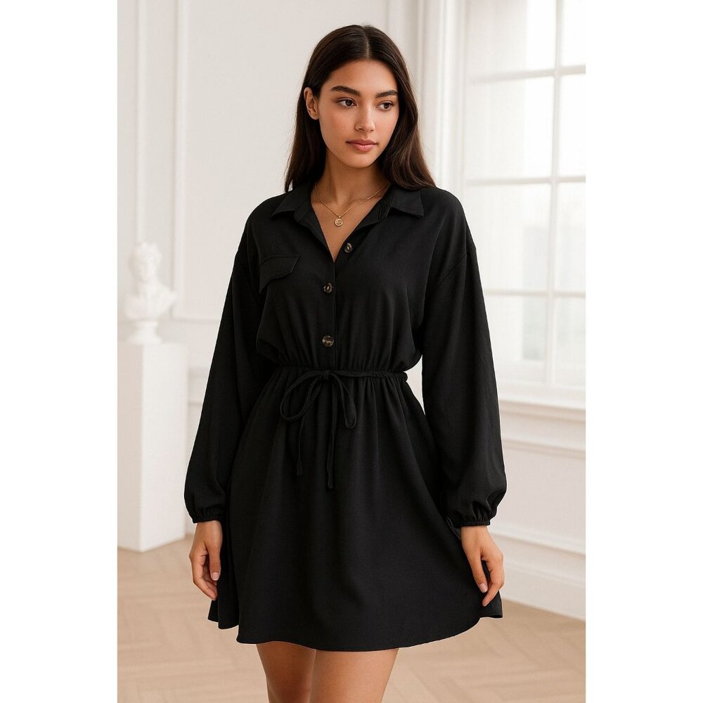 Oversized Sm Collared Button Front Long Sleeve Chic Mini Shirt Dress Black